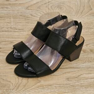Clarks Lorene Bright Black Leather Sandals Womens Size US 9.5 M Block Heel